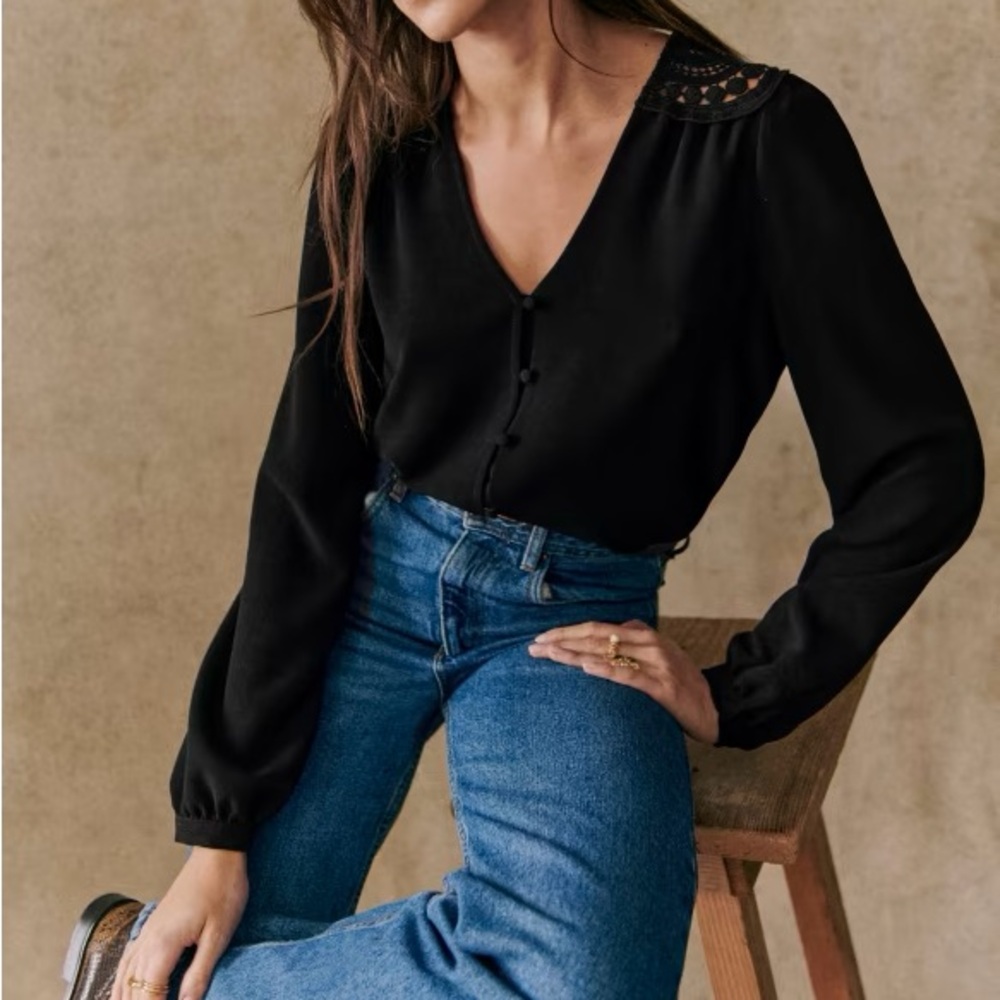 Sezane Black V-Neck Lace-Shoulder Blouse
